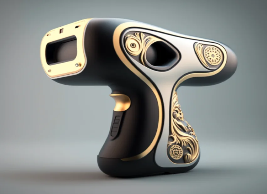 A fictional luxury massage gun created by an AI image generator. 